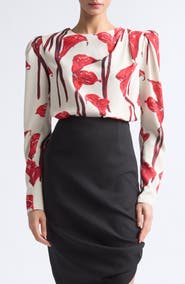 Carolina Herrera Floral Draped Puff Shoulder Blouse