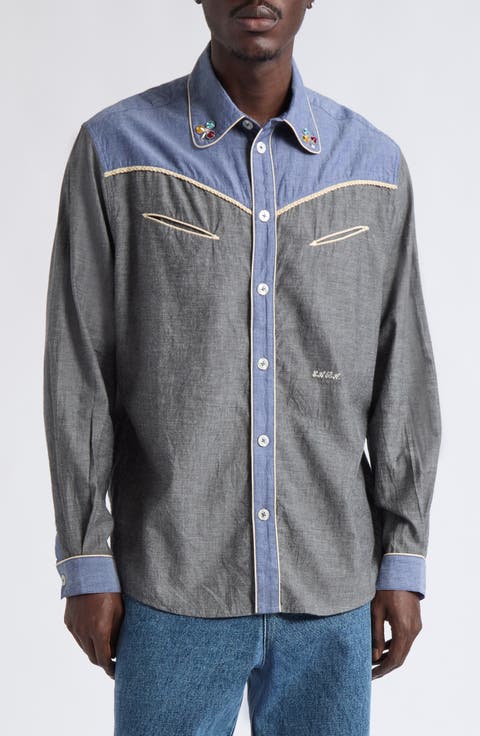 Embellished Two-Tone Chambray Western Button-Up Shirt