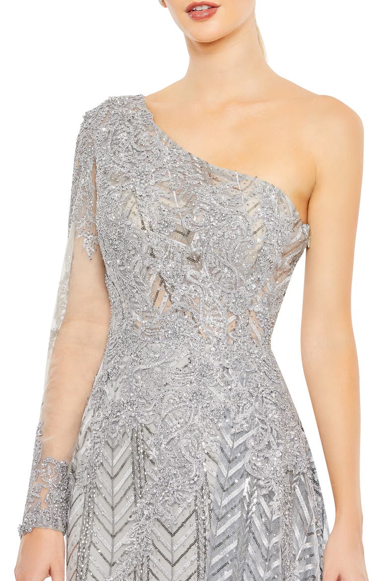 One-Shoulder Hand-Beaded Mesh Dress, Alternate, color, PLATINUM