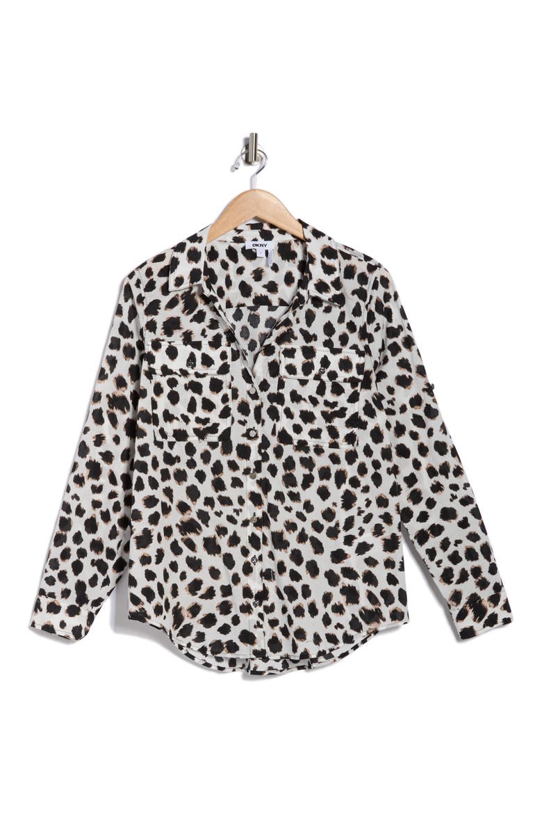 Abstract Print Roll Sleeve Button-Up Shirt, Alternate, color, IVORY/ BLACK MULTI
