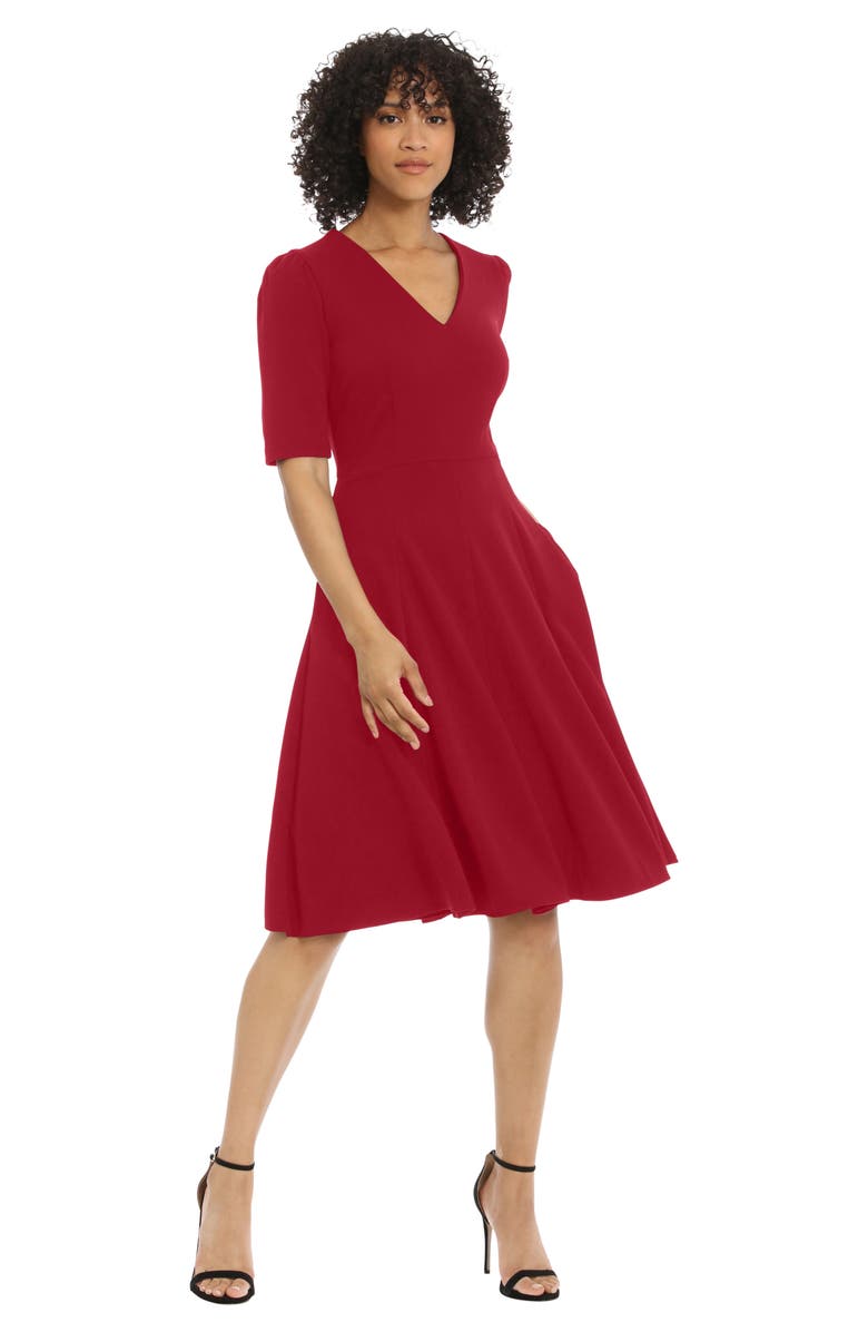Donna Morgan V-Neck Fit & Flare Dress, Alternate, color, Savvy Red