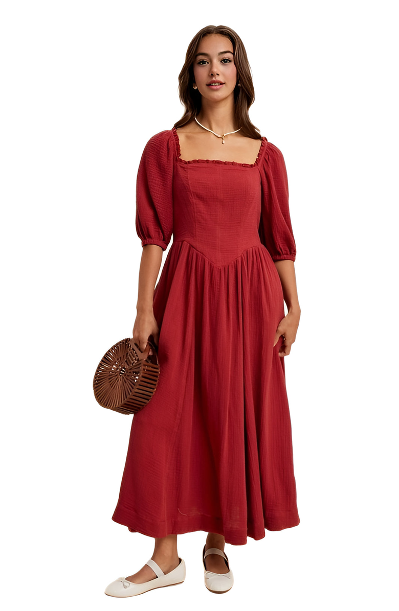 Knit and Lounge Square-Neck Puff Sleeve Midi Dress, Alternate, color, Soft Crimson