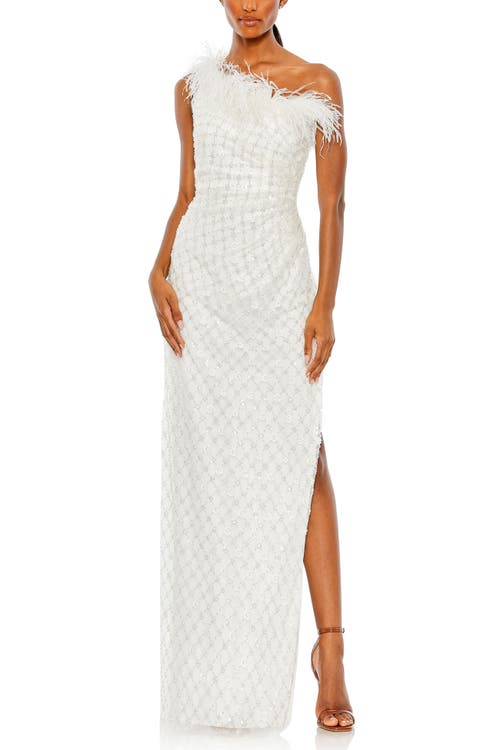 MAC DUGGAL MAC DUGGAL EMBELLISHED ONE SHOULDER OSTRICH FEATHER DETAIL GOWN 