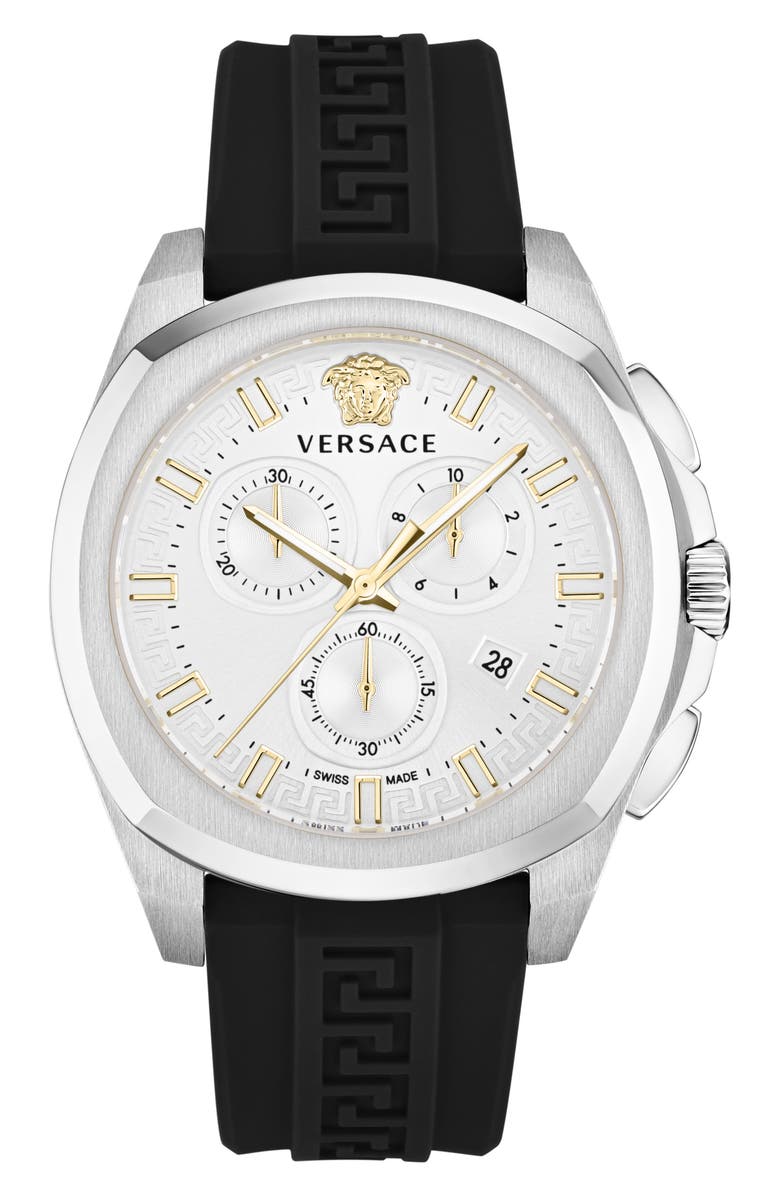 Versace Geo Silicone Strap Chronograph Watch, 43mm, Main, color, Stainless Steel