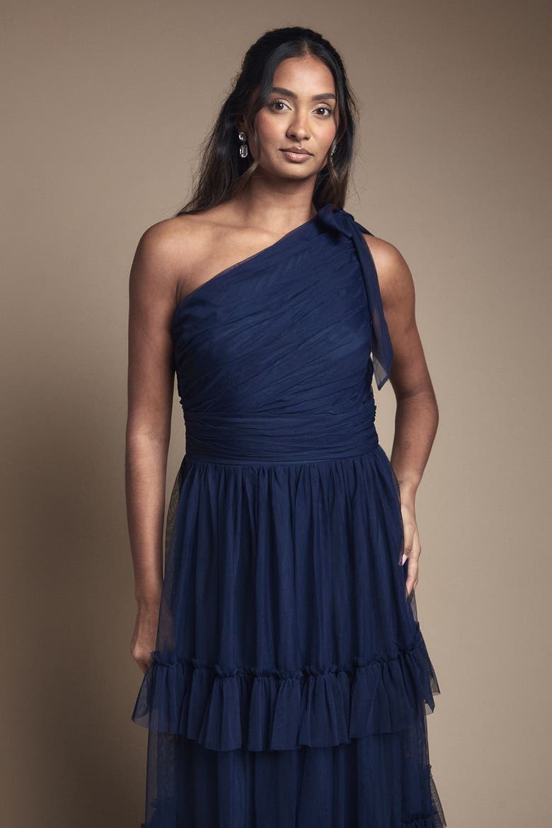 Pleated One Shoulder Tiered Maxi Dress, Alternate, color, Navy