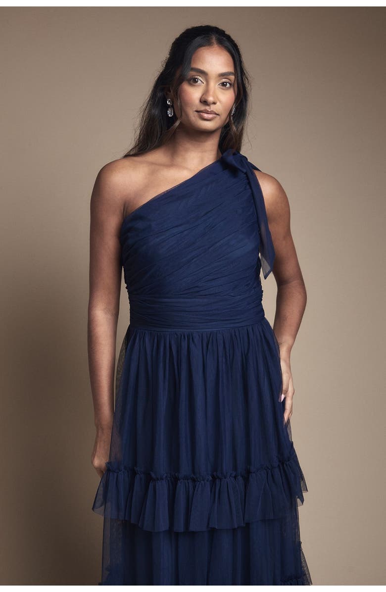Oasis Pleated One Shoulder Tiered Maxi Dress, Alternate, color, Navy