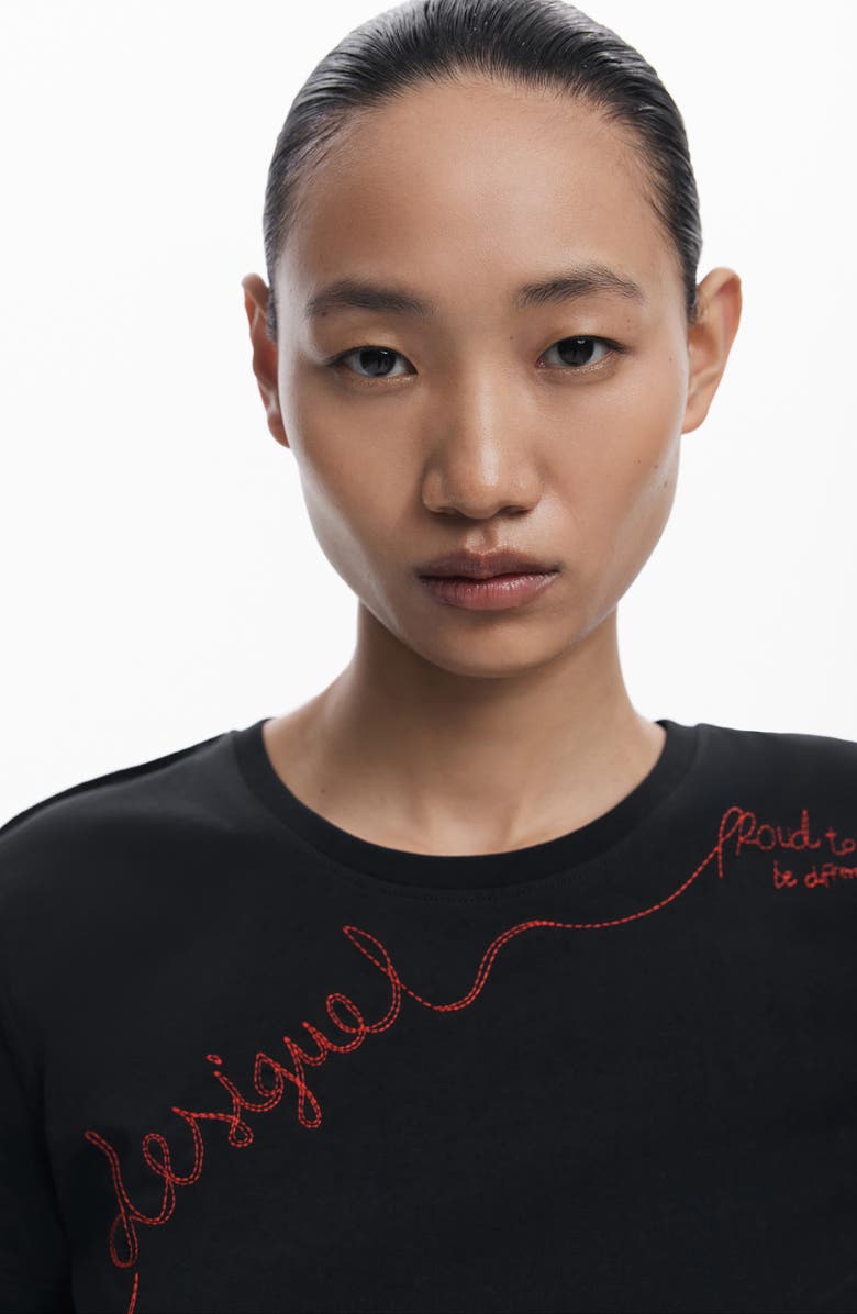 Desigual Embroidered Stretch Cotton T-Shirt, Alternate, color, Black