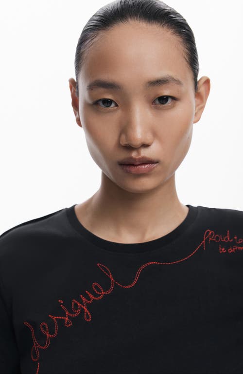 Desigual Embroidered Stretch Cotton T-shirt In Black