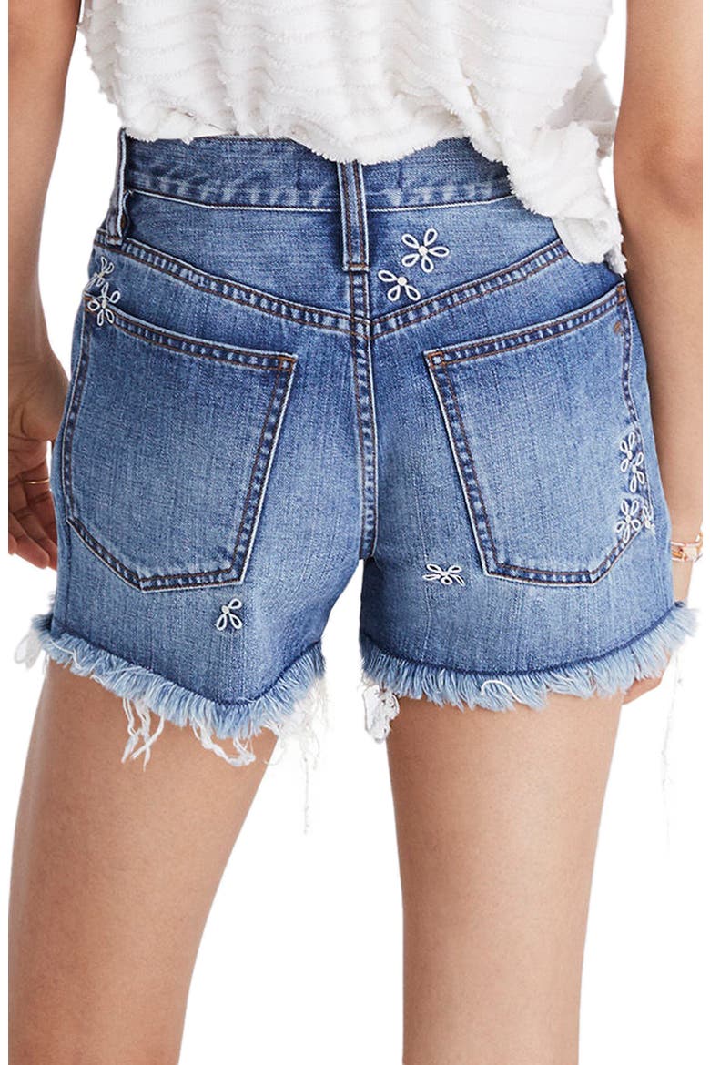 Perfect Daisy Embroidered High Waist Denim Shorts, Alternate, color, ABERDEEN WASH