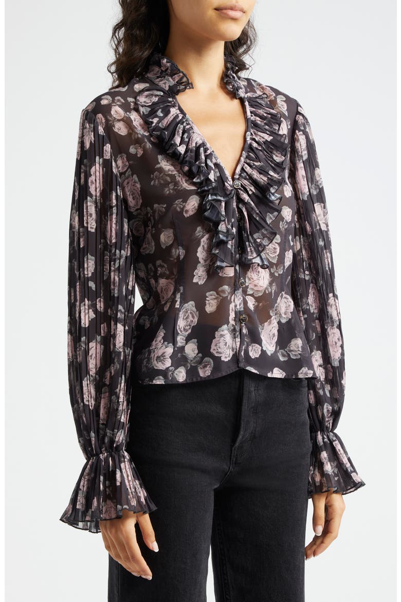 Floral Print V-Neck Shirt, Alternate, color, PHANTOM