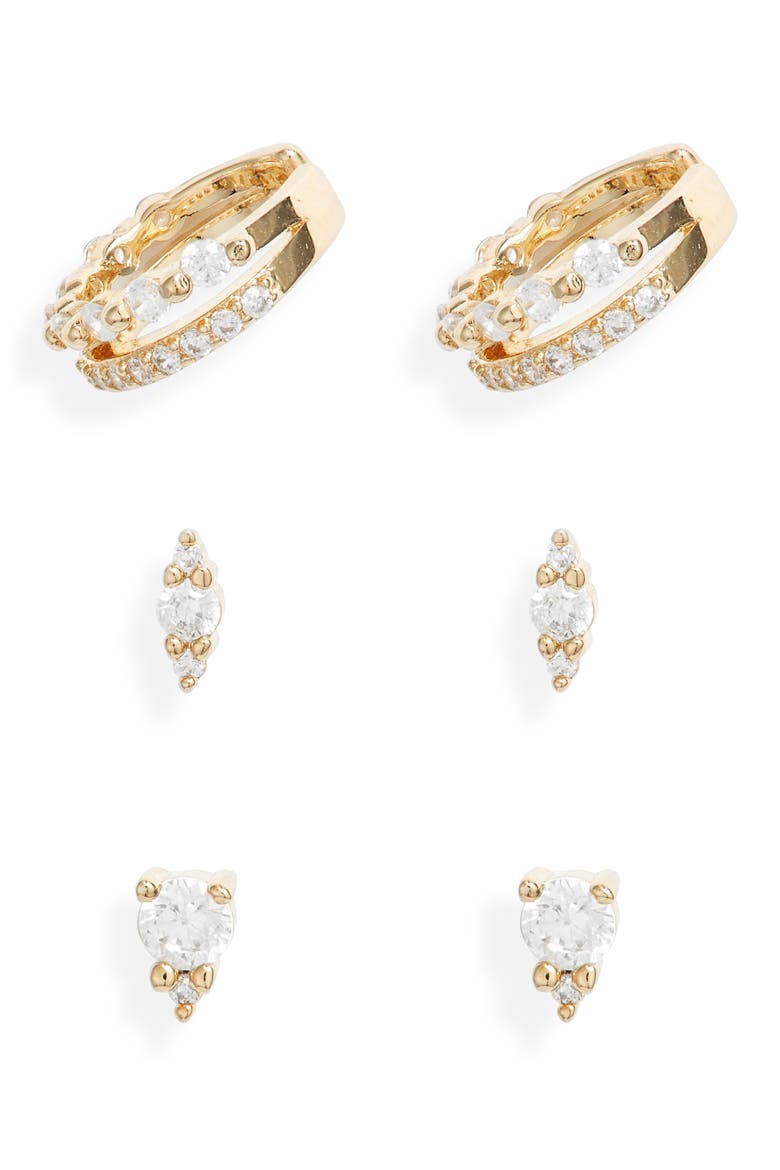 Set of 3 Cubic Zirconia Ear Cuffs & Stud Earrings, Main, color, CLEAR- GOLD
