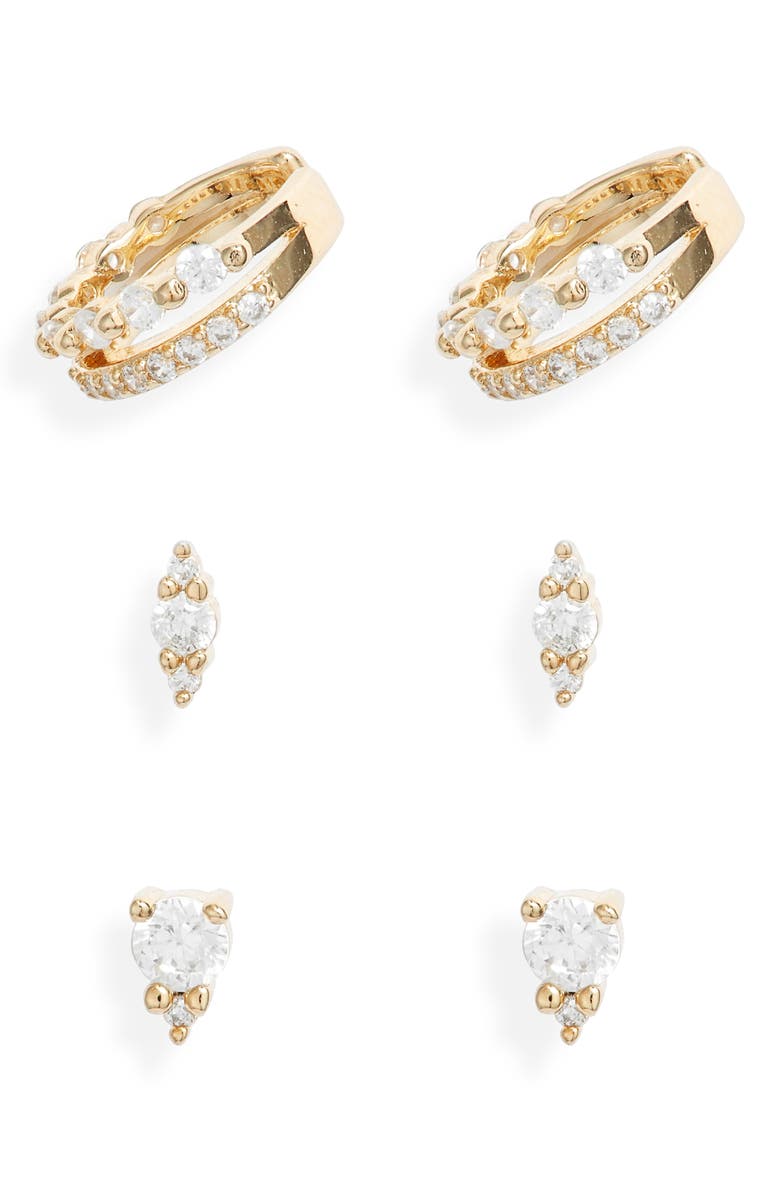 Nordstrom Set of 3 Cubic Zirconia Ear Cuffs & Stud Earrings, Main, color, Clear- Gold