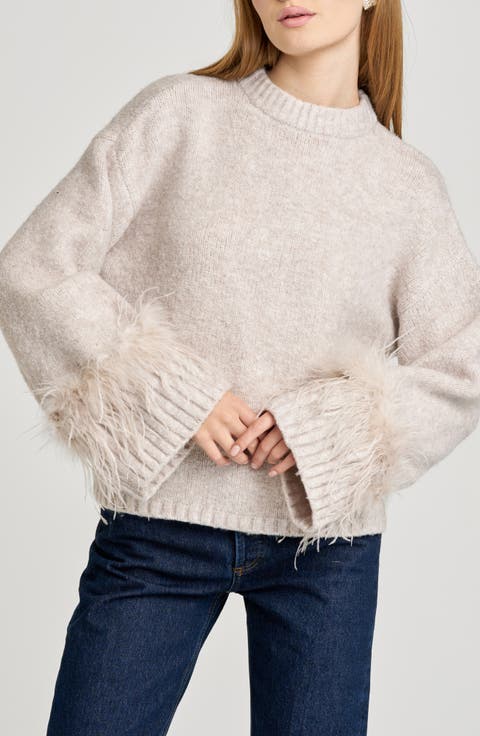 Pia Feather Trim Mock Neck Sweater