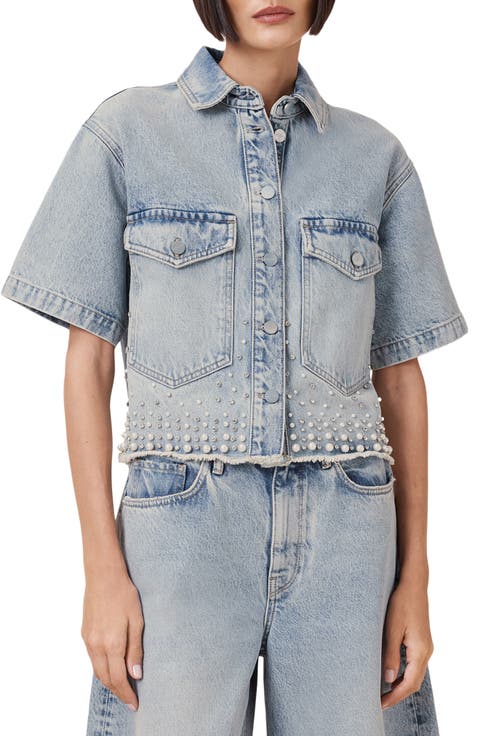 Tove Embellished Short Sleeve Oversize Denim Button-Up Shirt