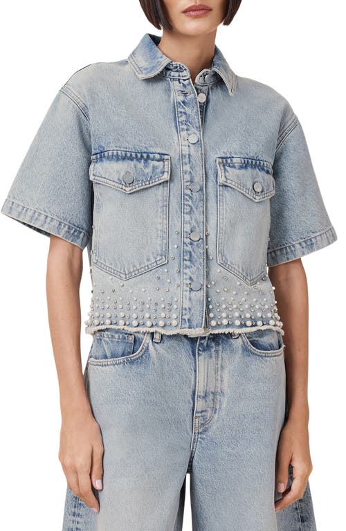 Allsaints Tove Embellished Short Sleeve Oversize Denim Button-up Shirt In Light Indigo