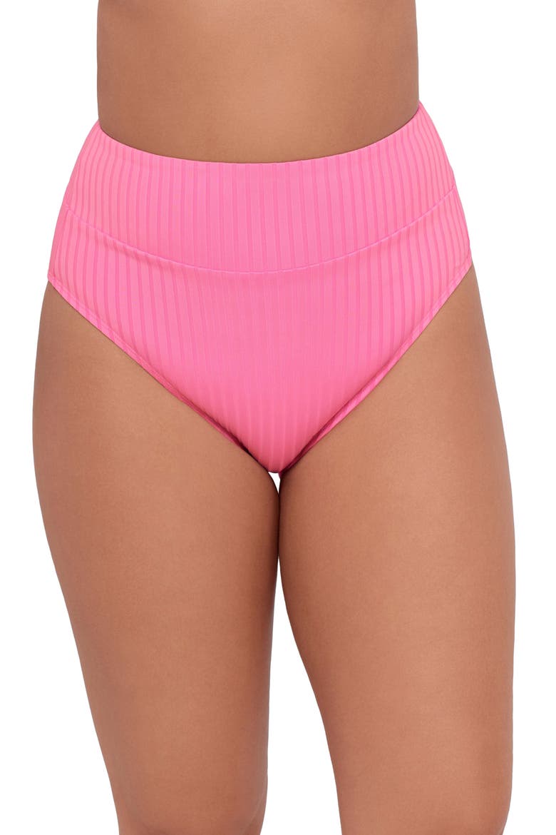Smoothing and Sculpting Ribbed Banded High-Waist Bikini Swimsuit Bottoms, Main, color, Hot Orchid