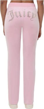 Juicy Couture Rib Waist Long Velour Pant With Back Bling, Whisper Pink
