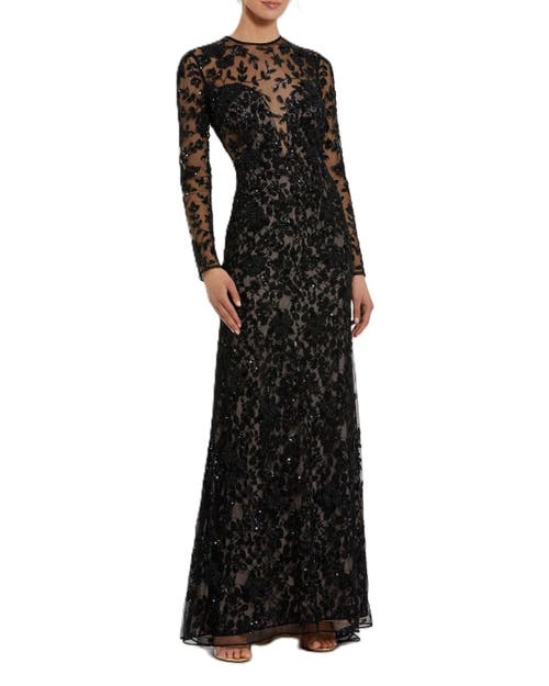 Mac Duggal Long Sleeve Floral Embellished Gown In Black Nude