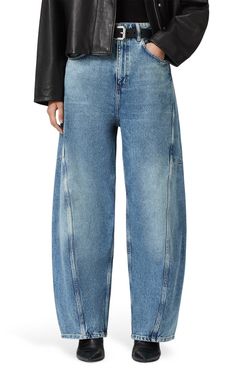 AllSaints Carter Barrel Leg Jeans, Main, color, Mid Indigo