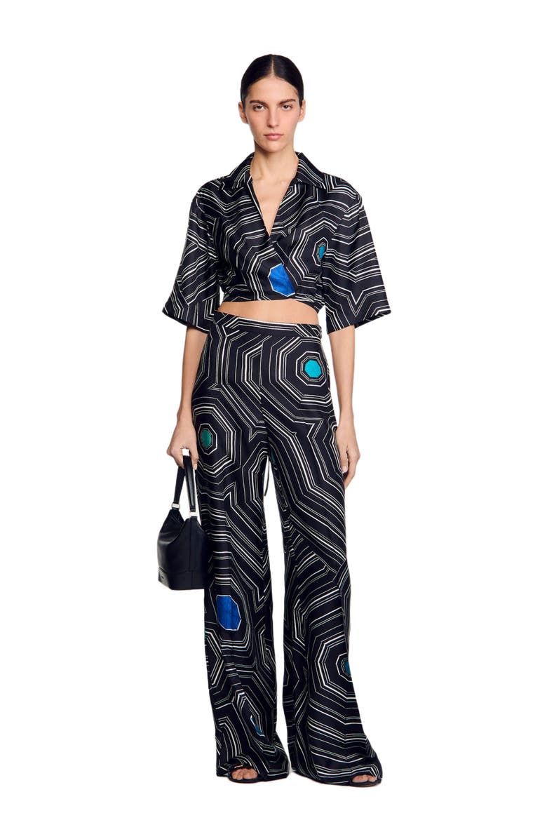 SANDRO Spiral-motif silk shirt, Alternate, color, Black