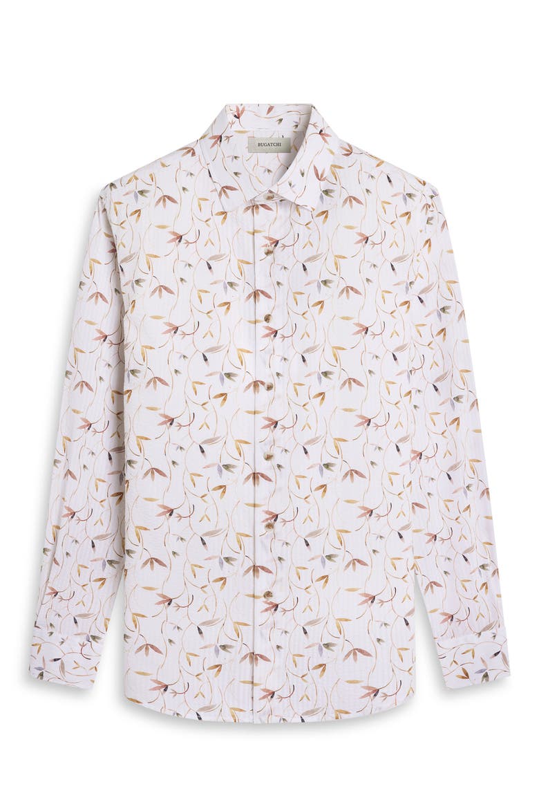 Julian Shaped Fit Leaf Print Cotton Seersucker Button-Up Shirt, Alternate, color, WHITE