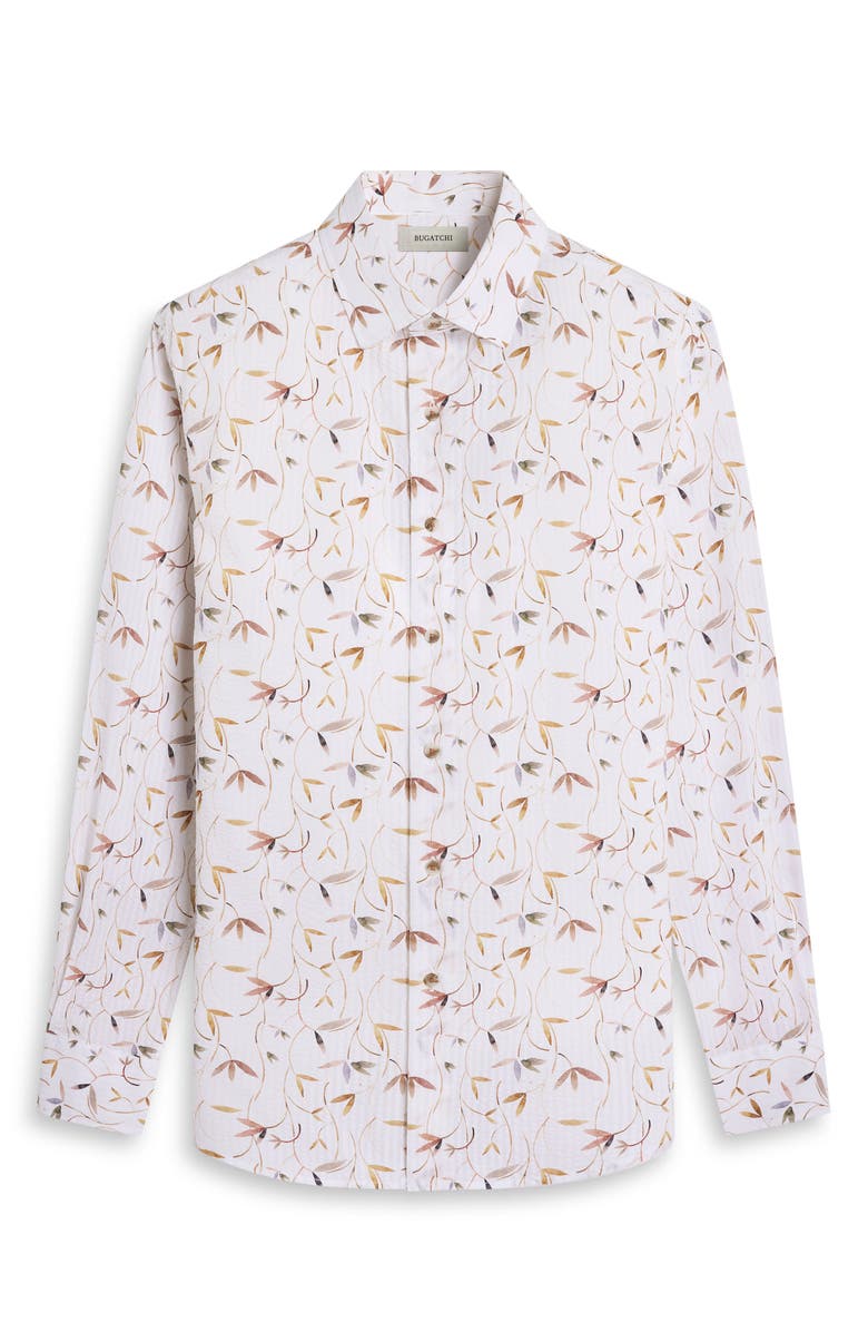 Bugatchi Julian Shaped Fit Leaf Print Cotton Seersucker Button-Up Shirt, Alternate, color, White