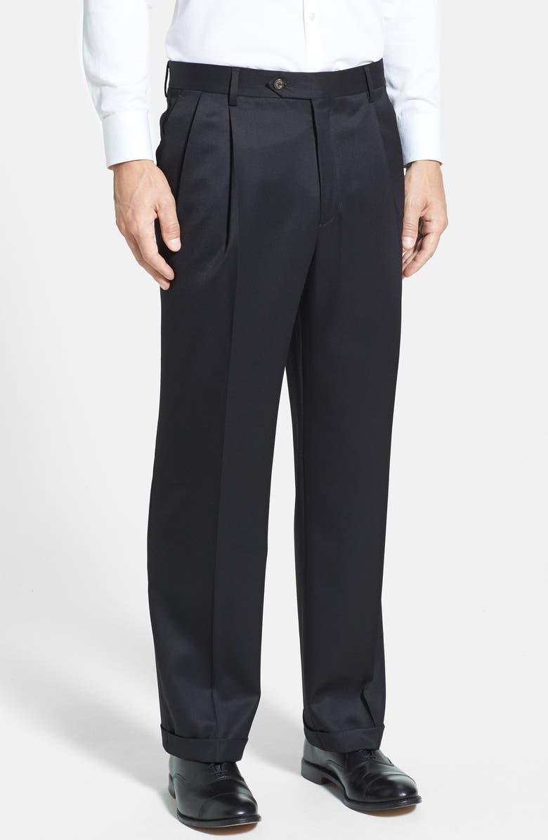 Berle Pleated Classic Fit Wool Gabardine Dress Pants, Main, color, Black