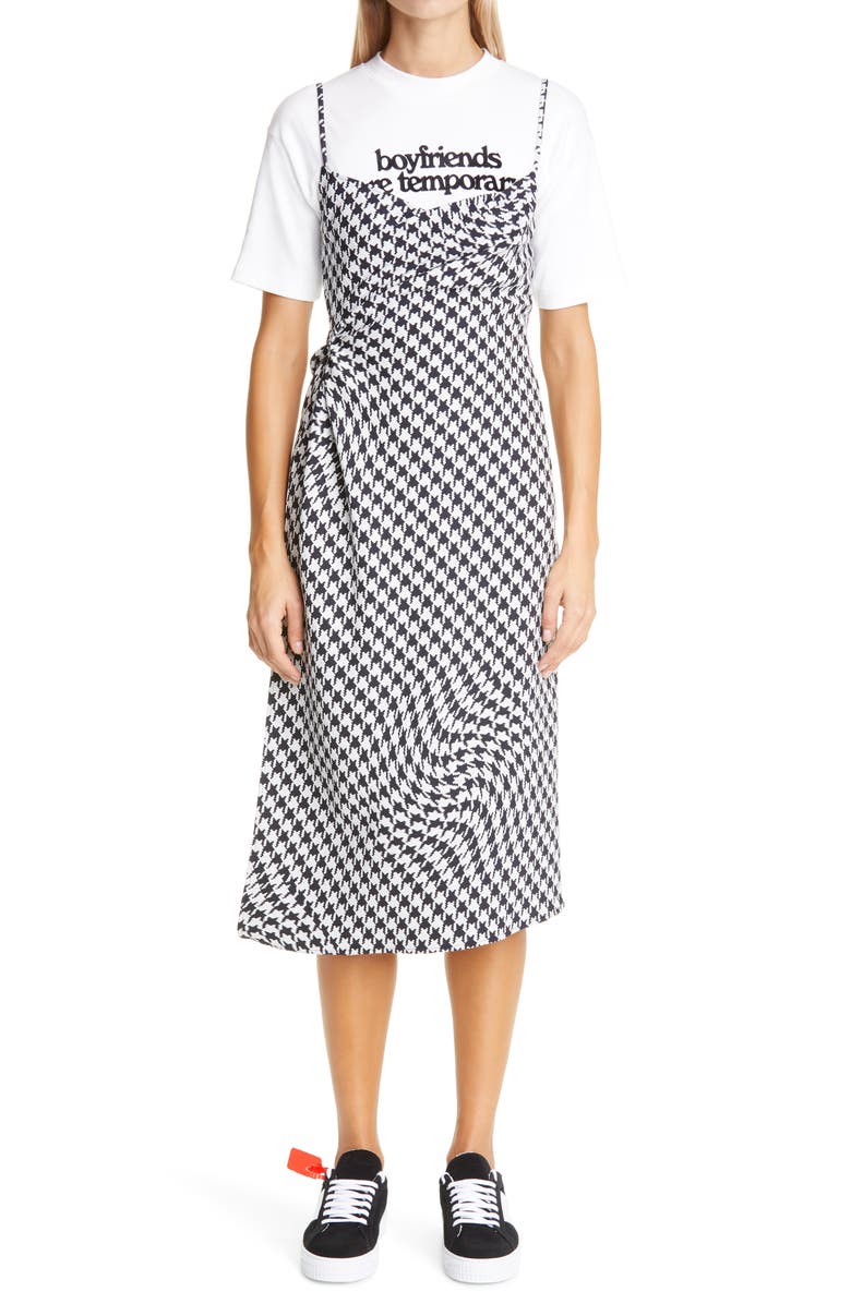 Off-White Layered Pied de Poule Wool Blend Midi Slipdress, Main, color, 