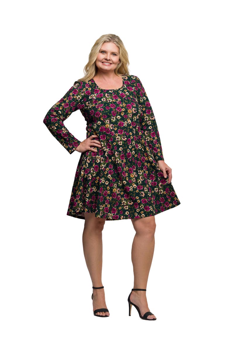 24seven Comfort Apparel Floral Print Long Sleeve Fit and Flare Mini Dress, Alternate, color, Pink Multi