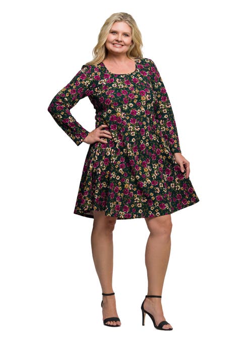 24seven Comfort Apparel Floral Print Long Sleeve Fit And Flare Mini Dress In Multi