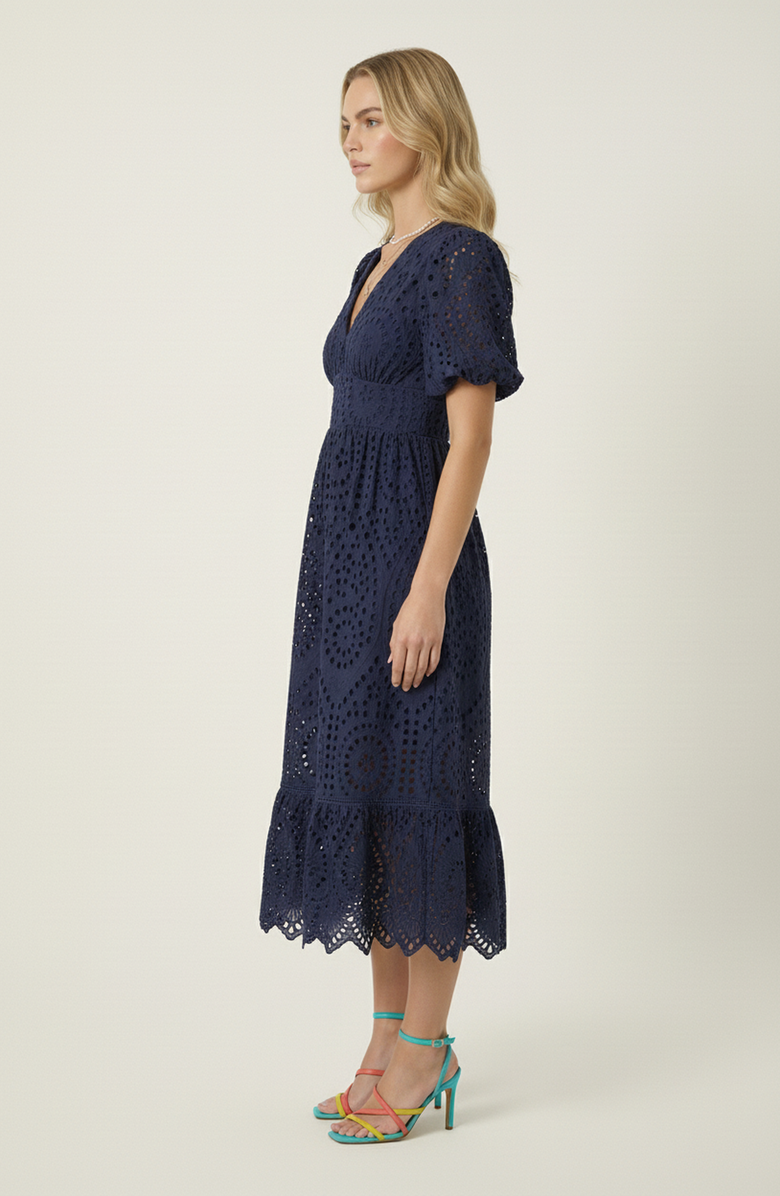 Modenaire Puff Sleeve Eyelet Smocked Midi Dress, Alternate, color, Navy Blue