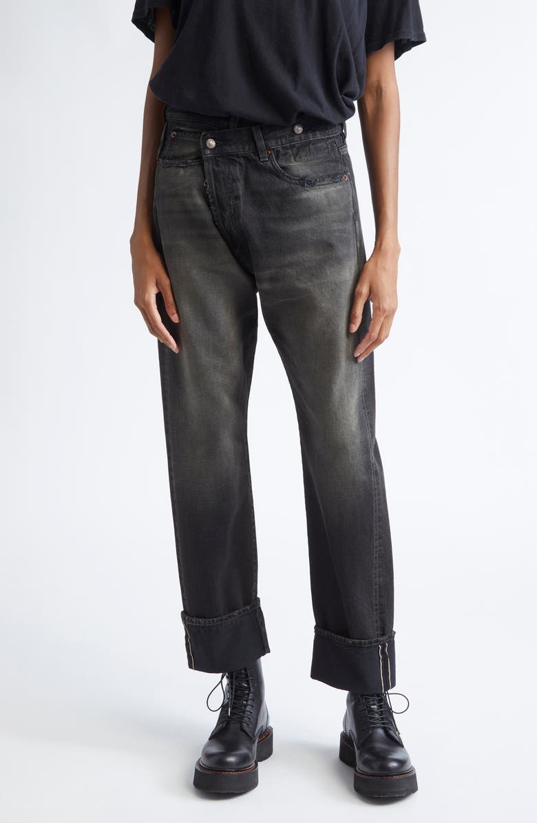 R13 Cuffed Crossover Straight Leg Jeans, Main, color, Phantom Selvedge Black
