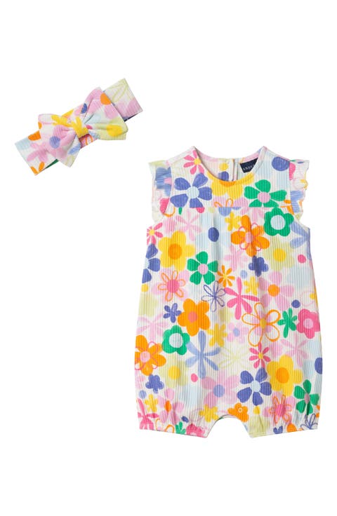 Floral Rib Stretch Cotton Bubble Romper & Bow Head Wrap Set (Baby)