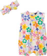 Andy & Evan Floral Rib Stretch Cotton Bubble Romper & Bow Head Wrap Set