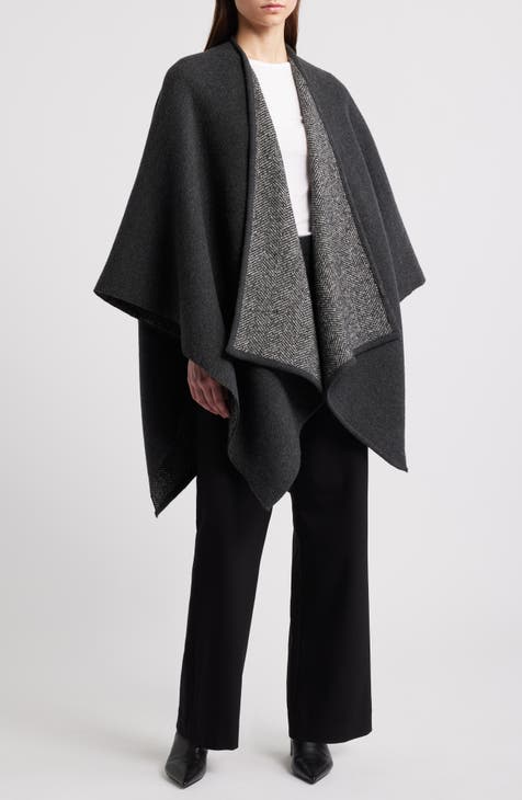 Wool Blend Cape offers Shawl with Sleeves Black Gray Women's