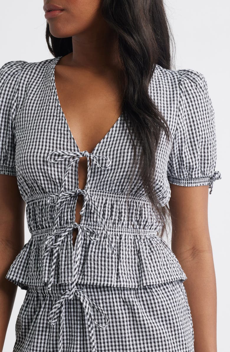 WAYF x Styled by COCO! Nina Gingham Seersucker Tie Front Top, Alternate, color, Black Seersucker