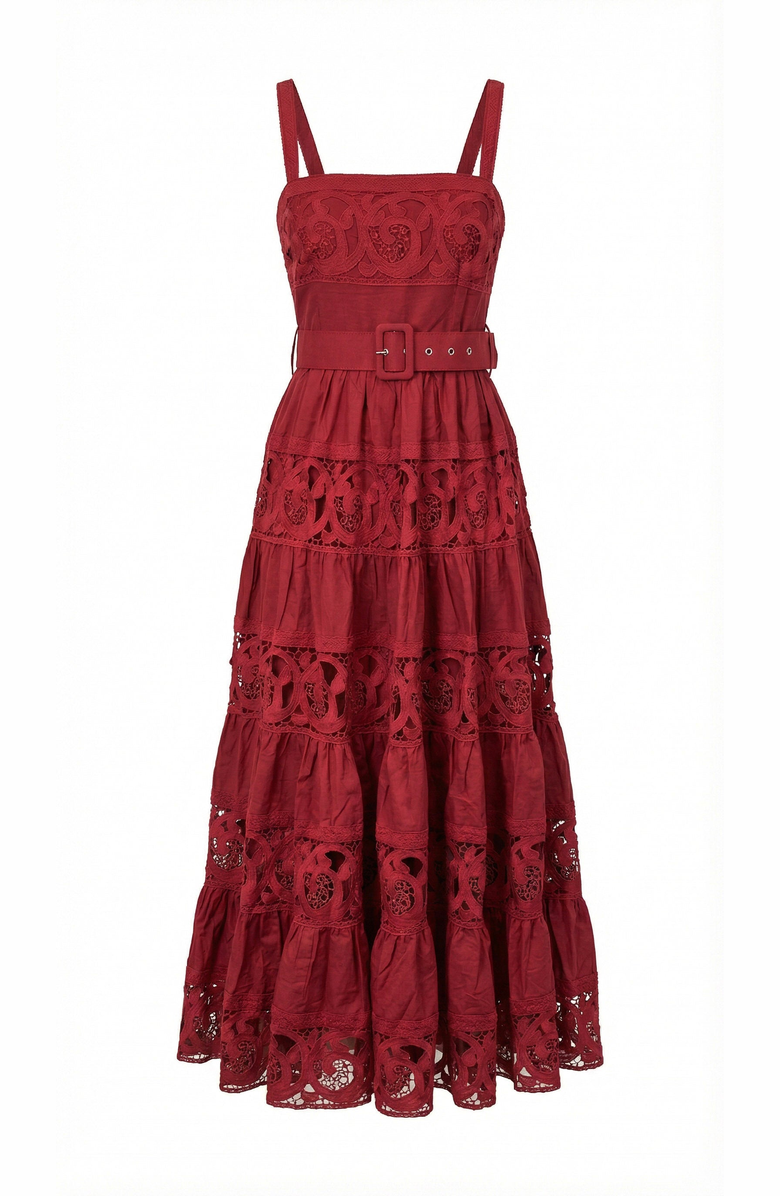 Modenaire Belted Tiered Lace Midi Dress, Alternate, color, Burgundy