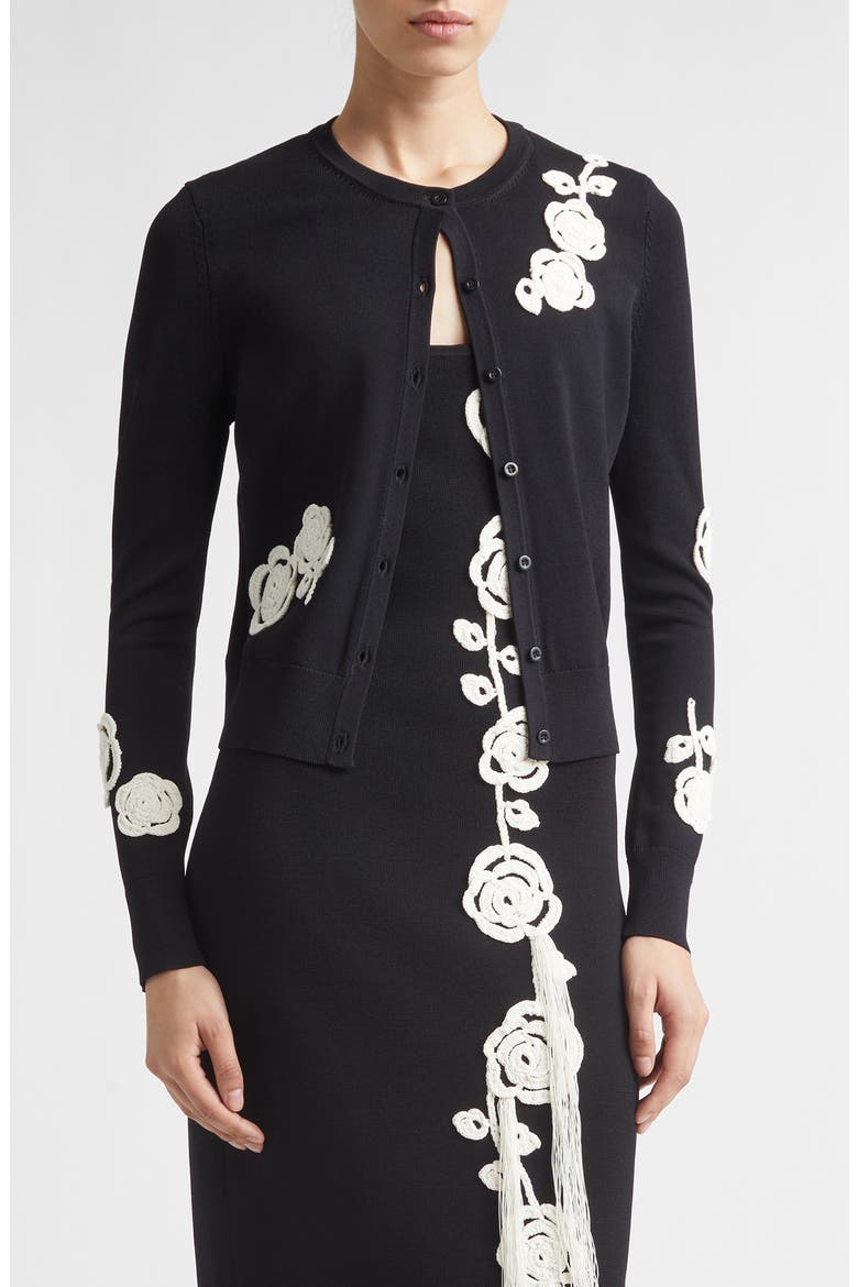 Crochet Appliqué Cardigan, Main, color, BLACK
