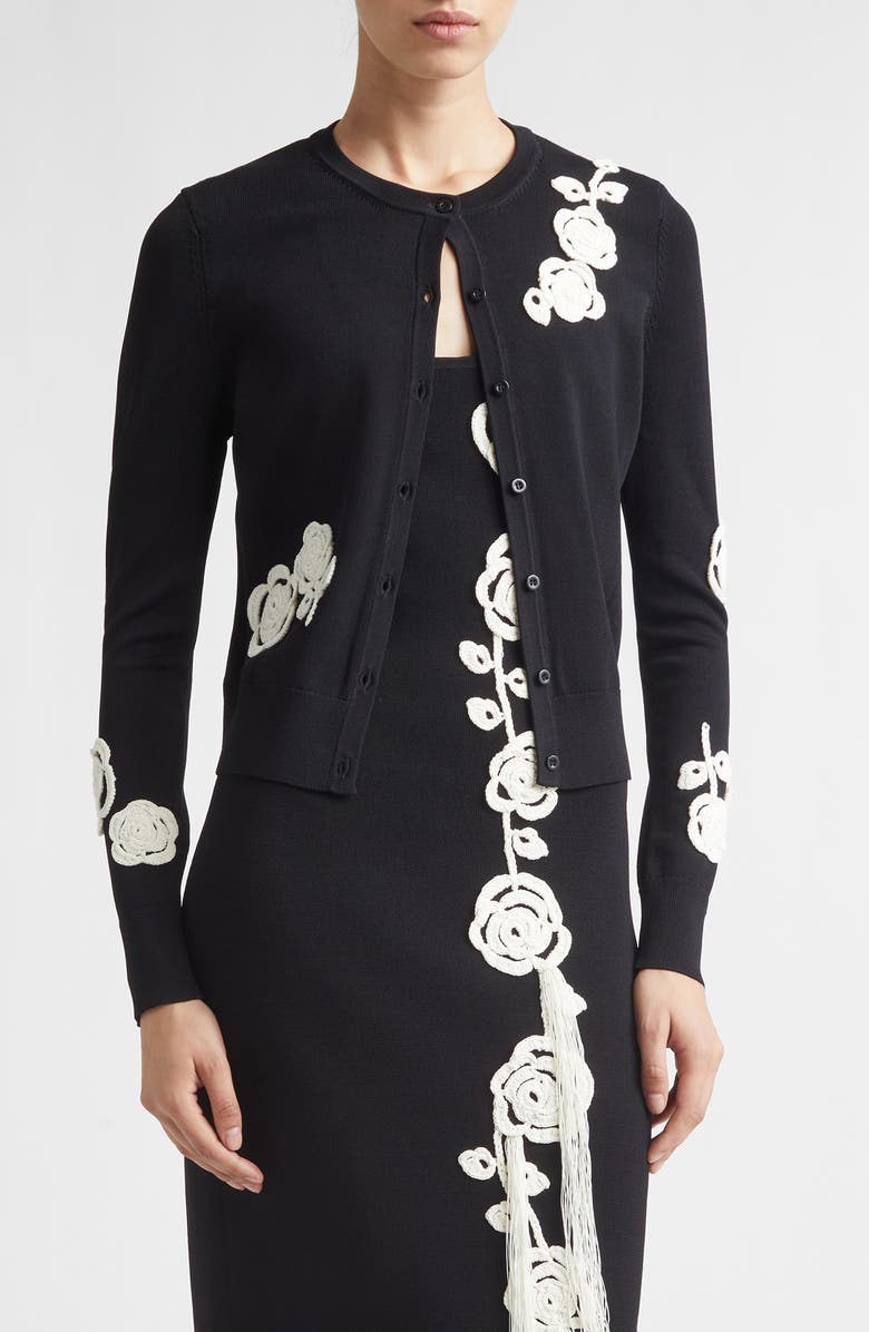 Lela Rose Crochet Appliqué Cardigan, Main, color, Black