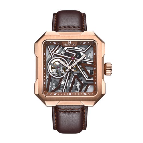 Heritor Automatic Campbell Leather-Band Skeleton Watch in Rose Gold/brown at Nordstrom