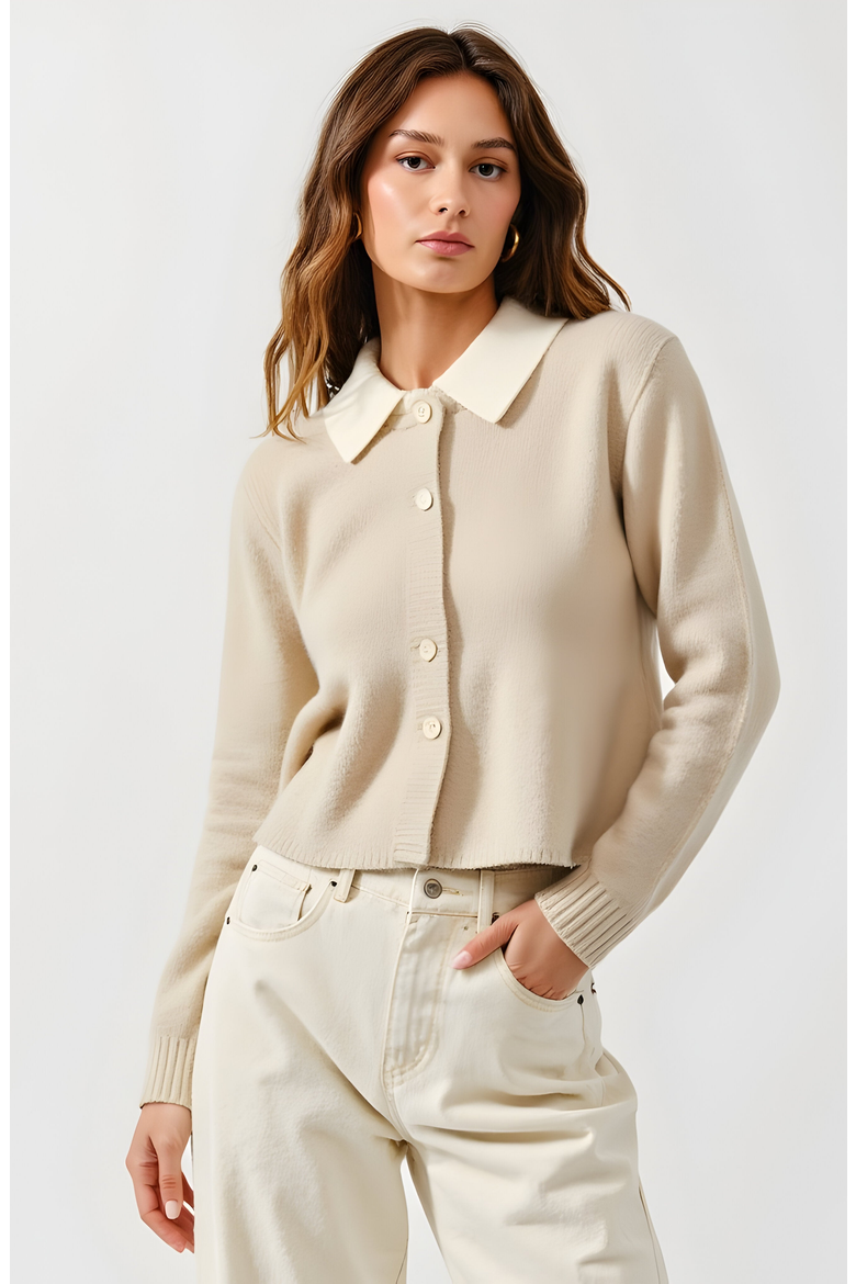 Cropped Knit Cardigan with Contrast Collar and Button Front, Alternate, color, Beige / Off-White