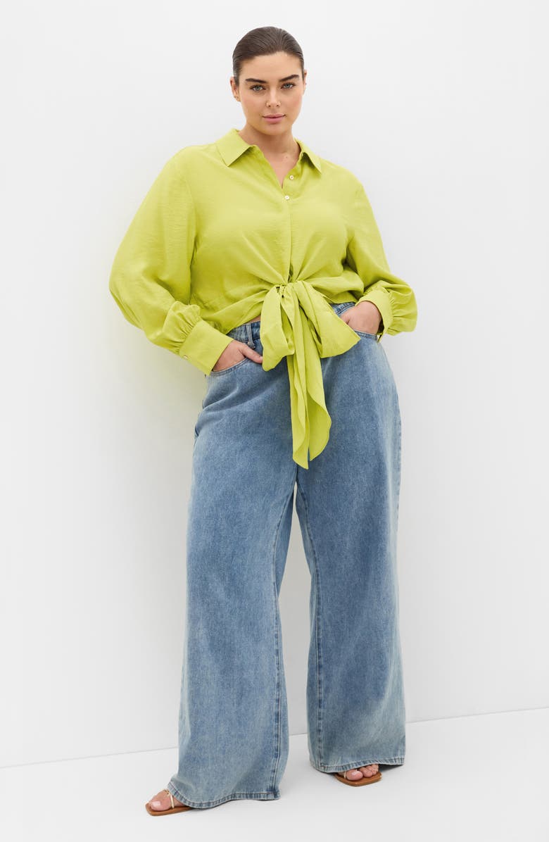 City Chic Rosa Tie Hem Button-Up Shirt, Alternate, color, Chartreuse