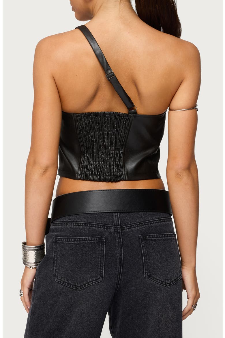 Cutout One-Shoulder Faux Leather Crop Top, Alternate, color, BLACK