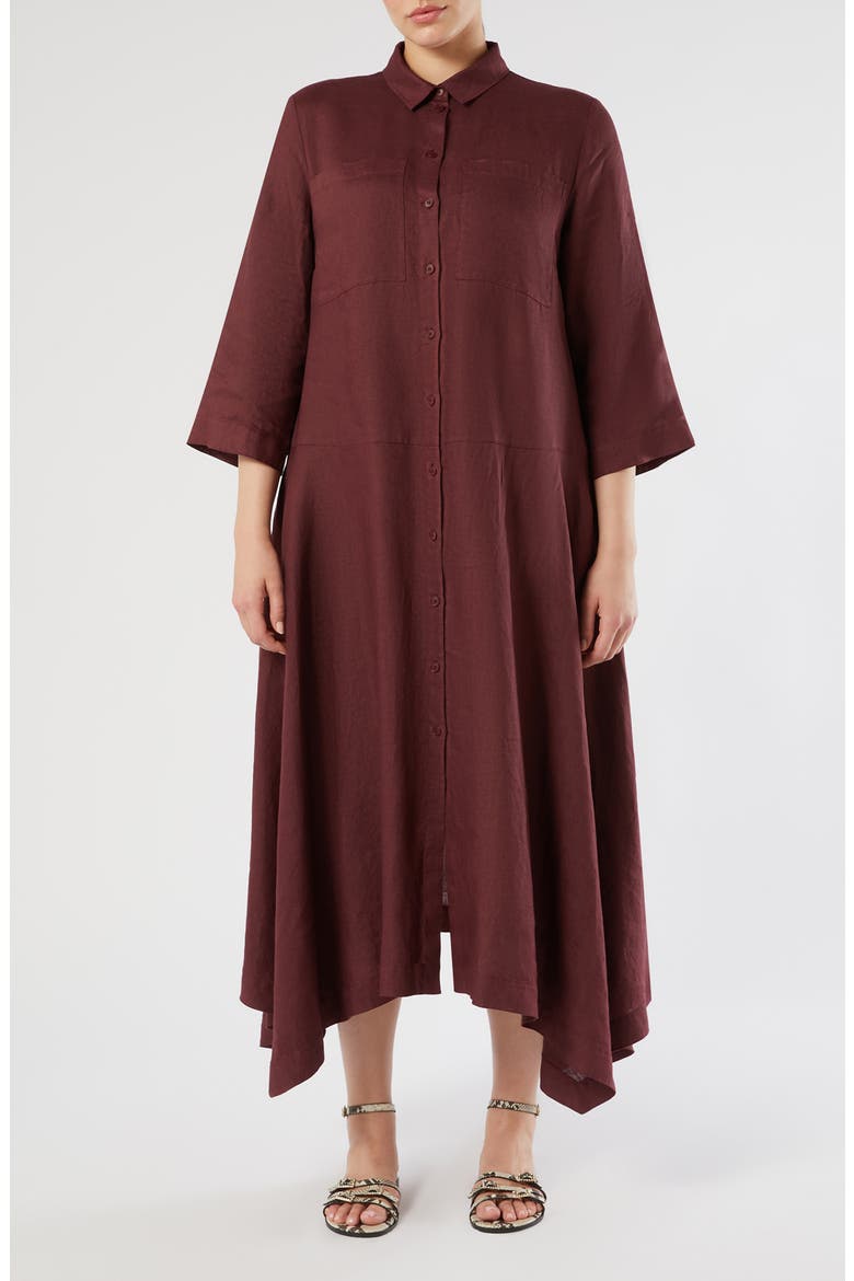 Valpe Shark Bite Hem Linen Maxi Shirtdress, Main, color, BORDEAUX