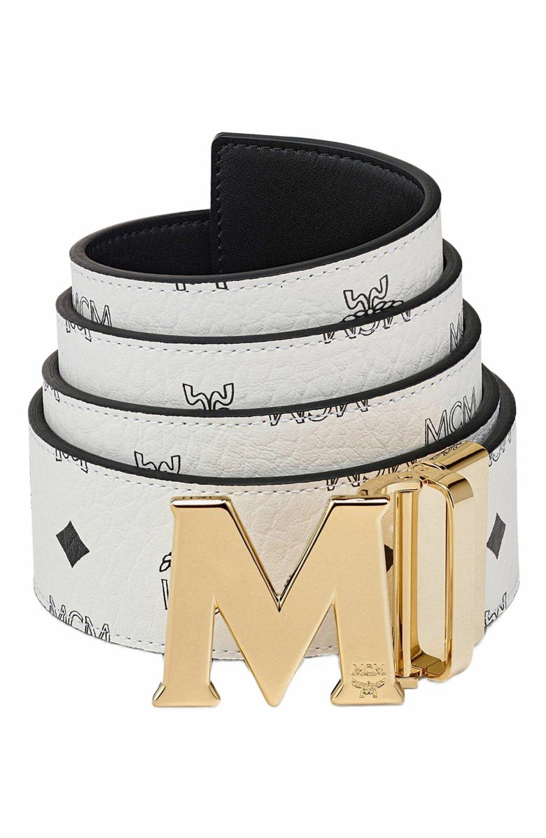 MCM Claus M Reversible Belt 1.75 in Visetos, Alternate, color, White