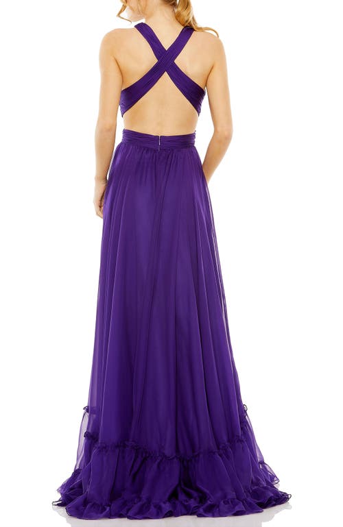 Mac Duggal Sleeveless Crisscross Halter Cutout Keyhole Tiered Gown In Purple