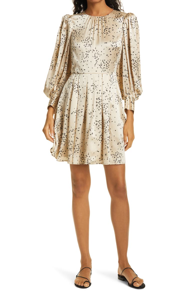 Scattered Fleur Long Sleeve Silk Dress, Main, color, CHAMPAGNE COMBO