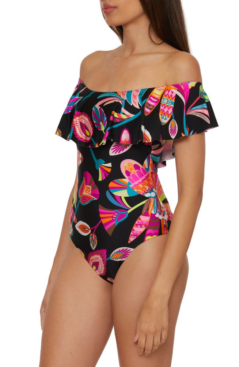 Trina Turk Luminary Ruffle Off the Shoulder One-Piece Swimsuit, Alternate, color, Black Multi