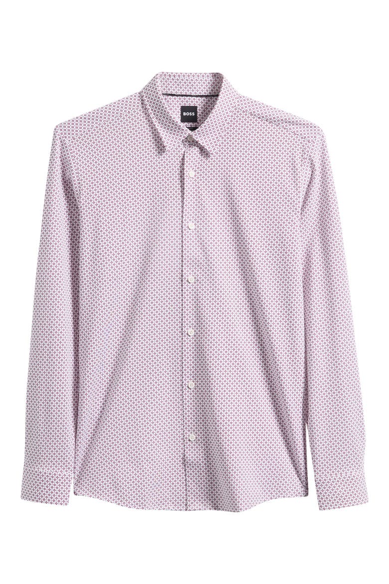 Geo Print Slim Fit Knit Button-Up Shirt, Alternate, color, DARK RED