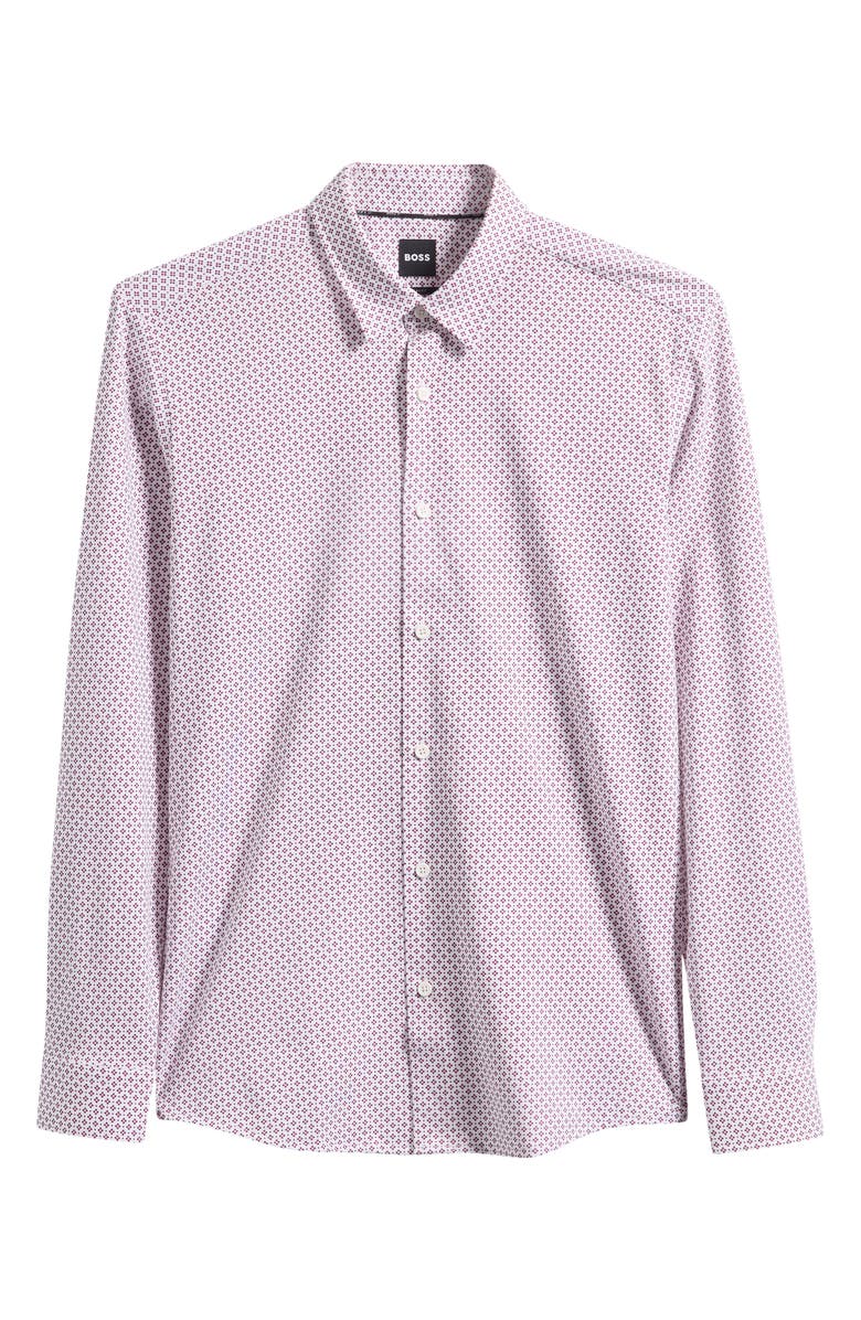 BOSS Geo Print Slim Fit Knit Button-Up Shirt, Alternate, color, Dark Red